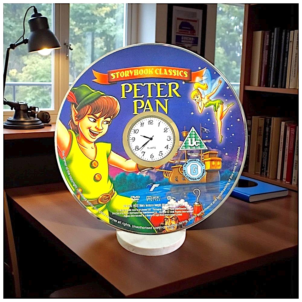 Novelty Desktop Uncycled DVD Clock With Fixed Gold Insert - Peter Pan