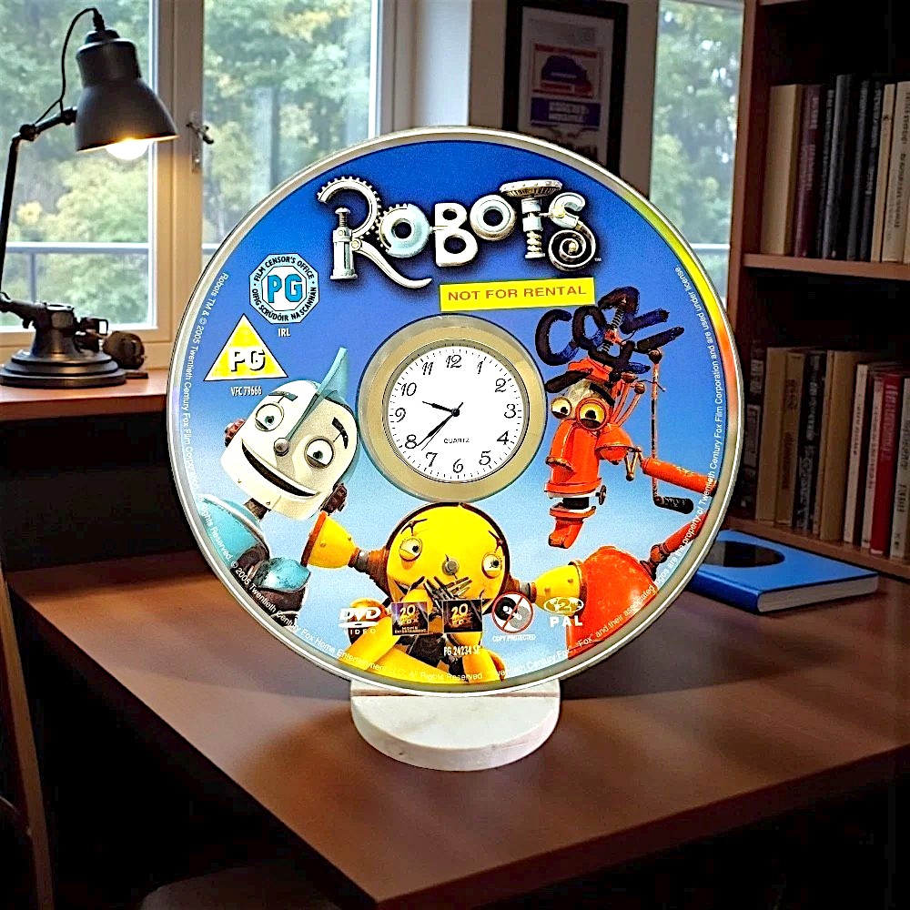 Novelty Desktop Uncycled DVD Clock With Fixed Gold Insert - Robots