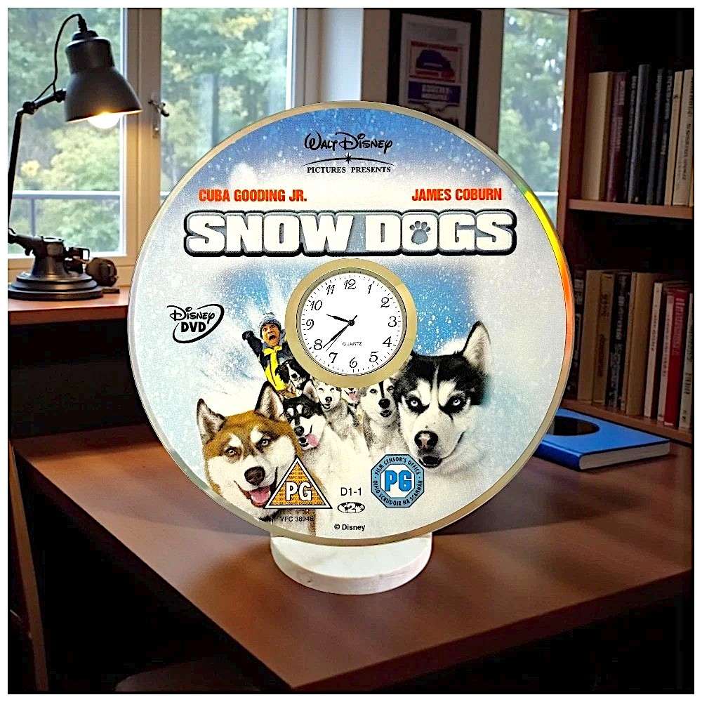 Novelty Desktop Uncycled DVD Clock With Fixed Gold Insert - Snow Dogs