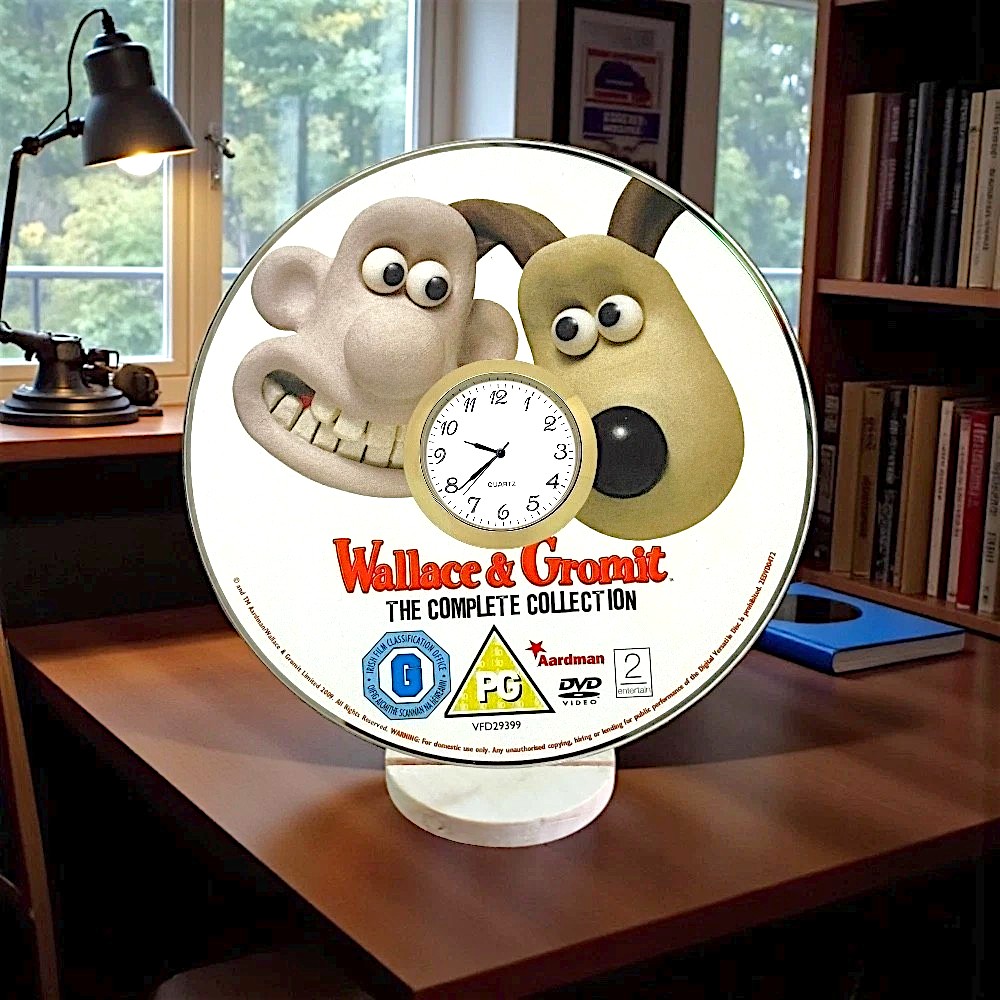 Novelty Desktop Uncycled DVD Clock With Fixed Gold Insert - Wallace & Gromit