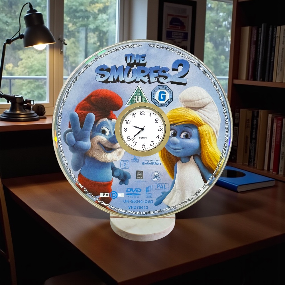 Novelty Desktop Uncycled DVD Clock With Fixed Gold Insert - The Smurfs 2