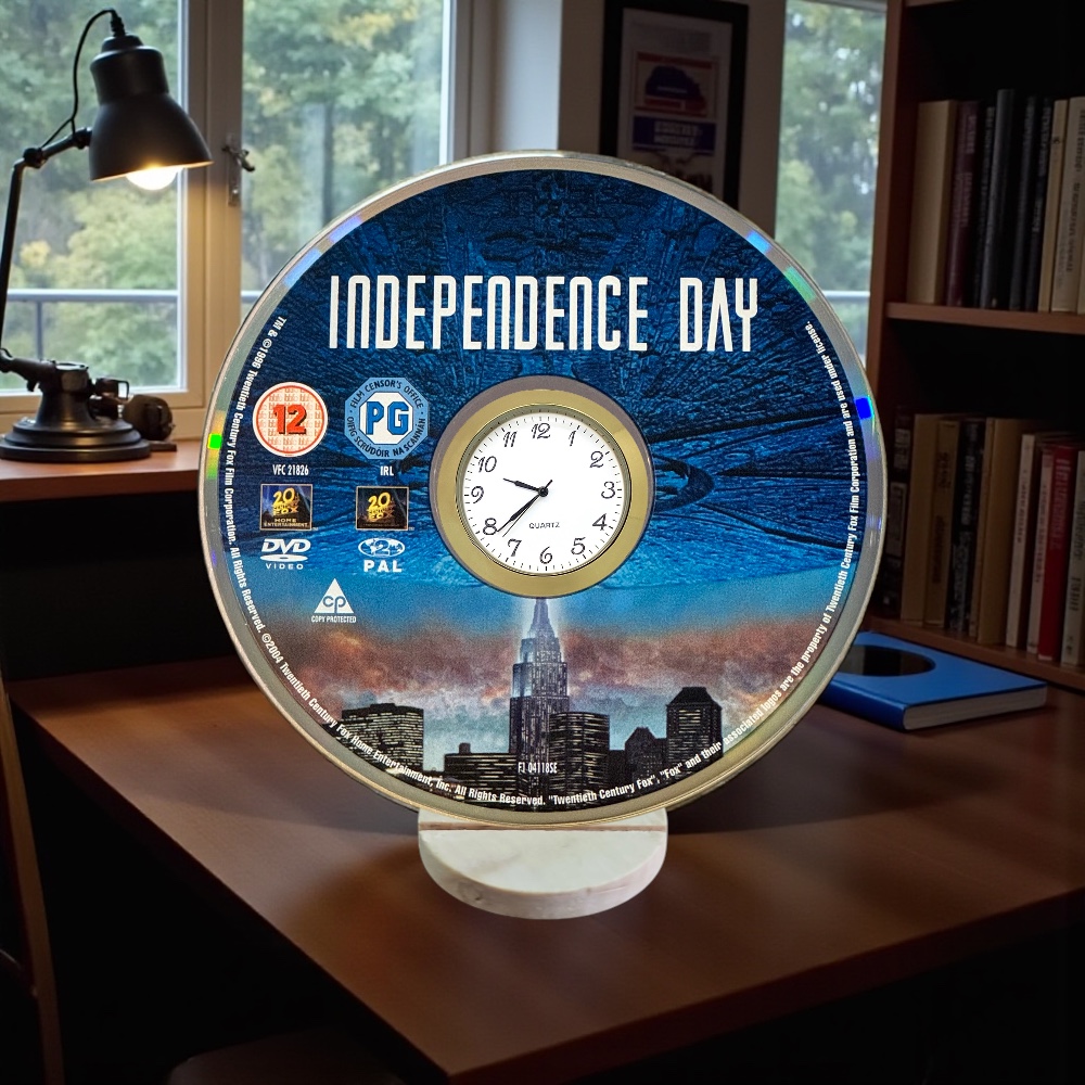Independence Day Novelty Upcycled DVD Desktop Clock With Fixed Gold Insert