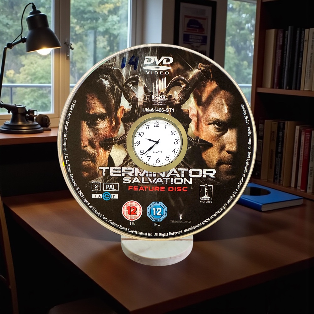Terminator Salvation Novelty Upcycled DVD Desktop Clock With Fixed Gold Insert