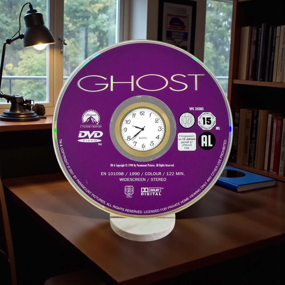 Ghost Novelty Upcycled DVD Desktop Clock With Fixed Gold Insert