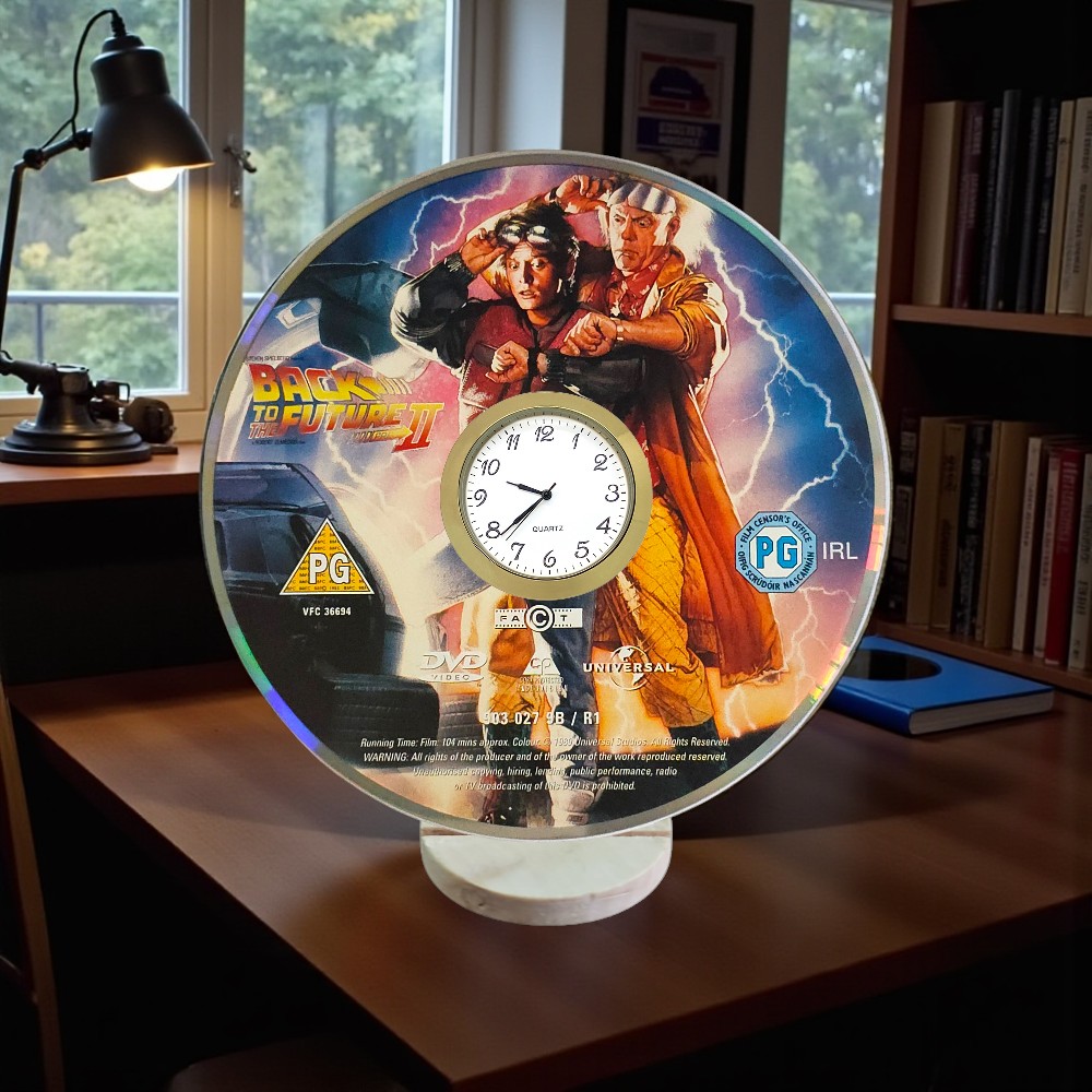 Back To The Future 2 Novelty Upcycled DVD Desktop Clock With Fixed Gold Insert