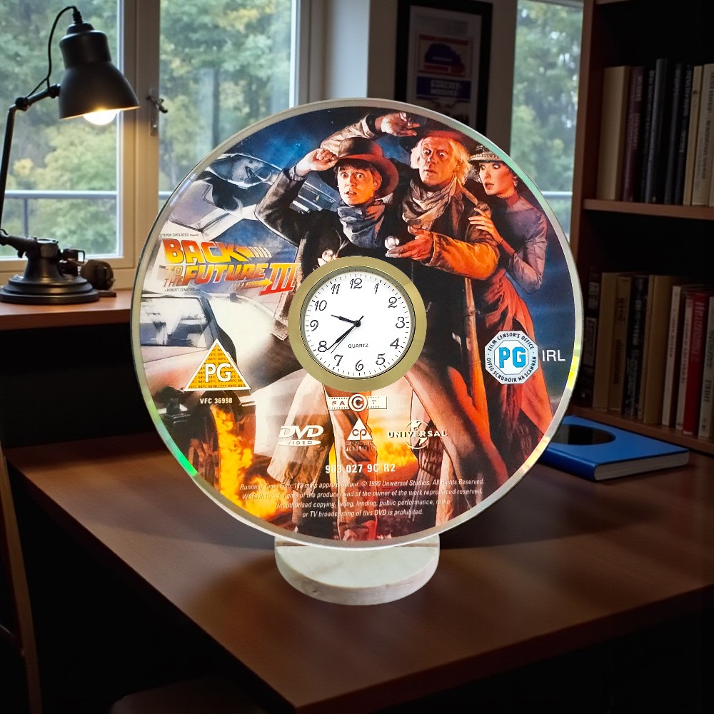 Back To The Future 3 Novelty Upcycled DVD Desktop Clock With Fixed Gold Insert