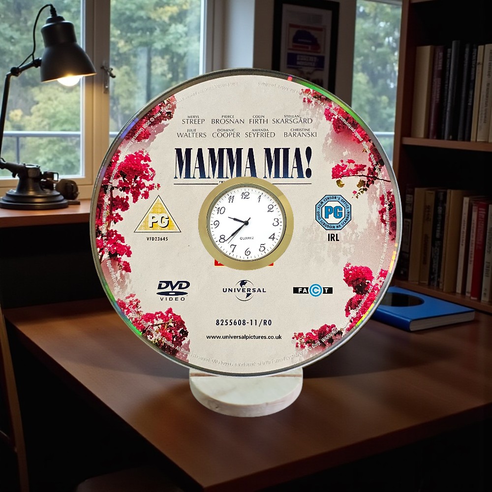 Mamma Mia Novelty Upcycled DVD Desktop Clock With Fixed Gold Insert