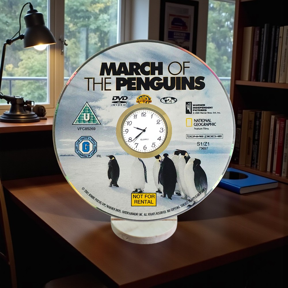 March Of The Penguins Novelty Upcycled DVD Desktop Clock With Fixed Gold Insert