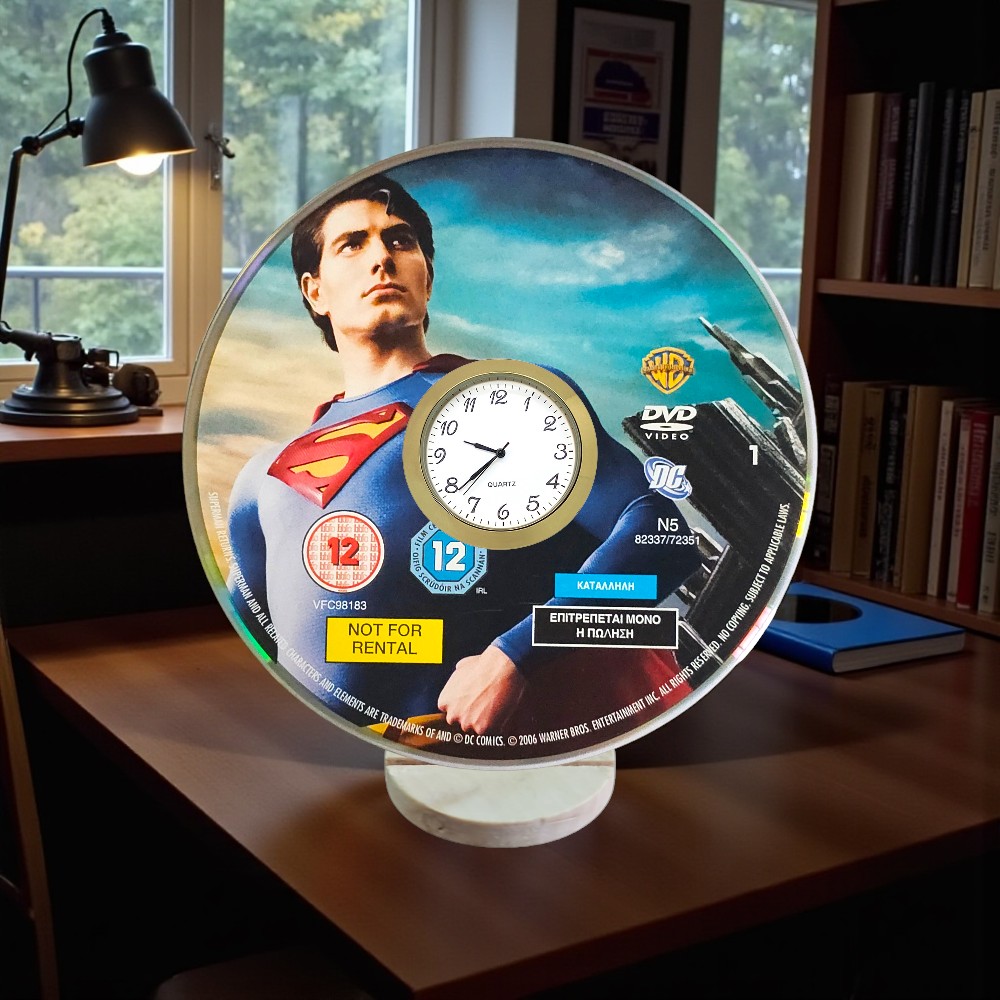 Superman Novelty Upcycled DVD Desktop Clock With Fixed Gold Insert - Image 1