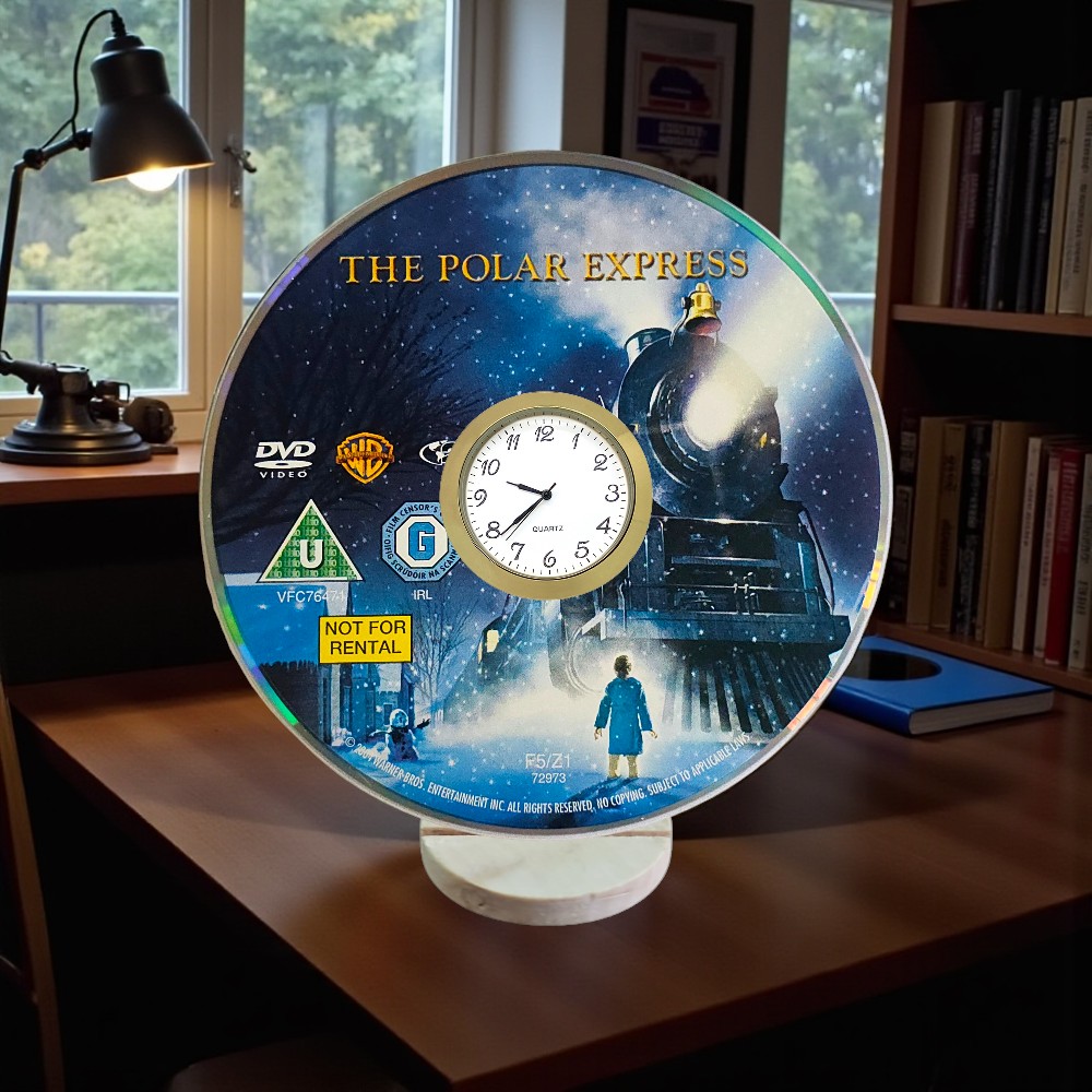 Novelty Desktop Uncycled DVD Clock With Fixed Gold Insert - Polar Express