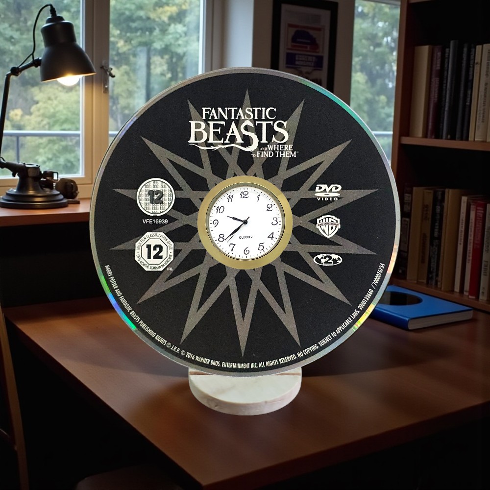 Fantastic Beasts Novelty Upcycled DVD Desktop Clock With Fixed Gold Insert