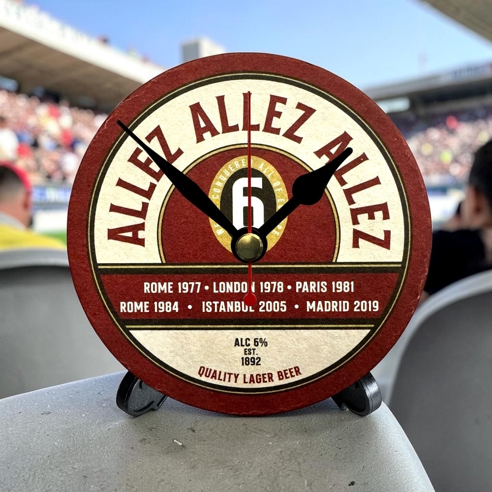Liverpool Novelty Upcycled Beer Mat Clocks With Display Stand – Allez Allez Allez