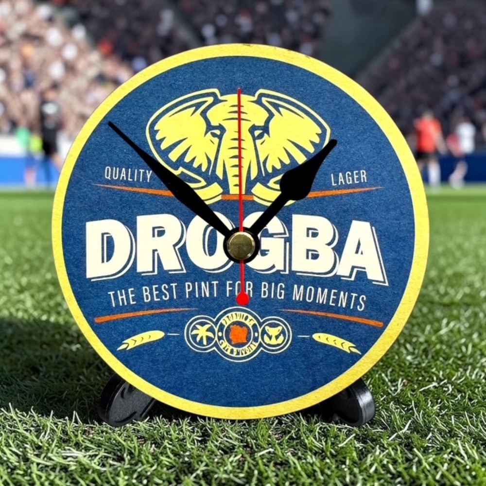 Chelsea Novelty Upcycled Beer Mat Clocks With Display Stand – Drogba