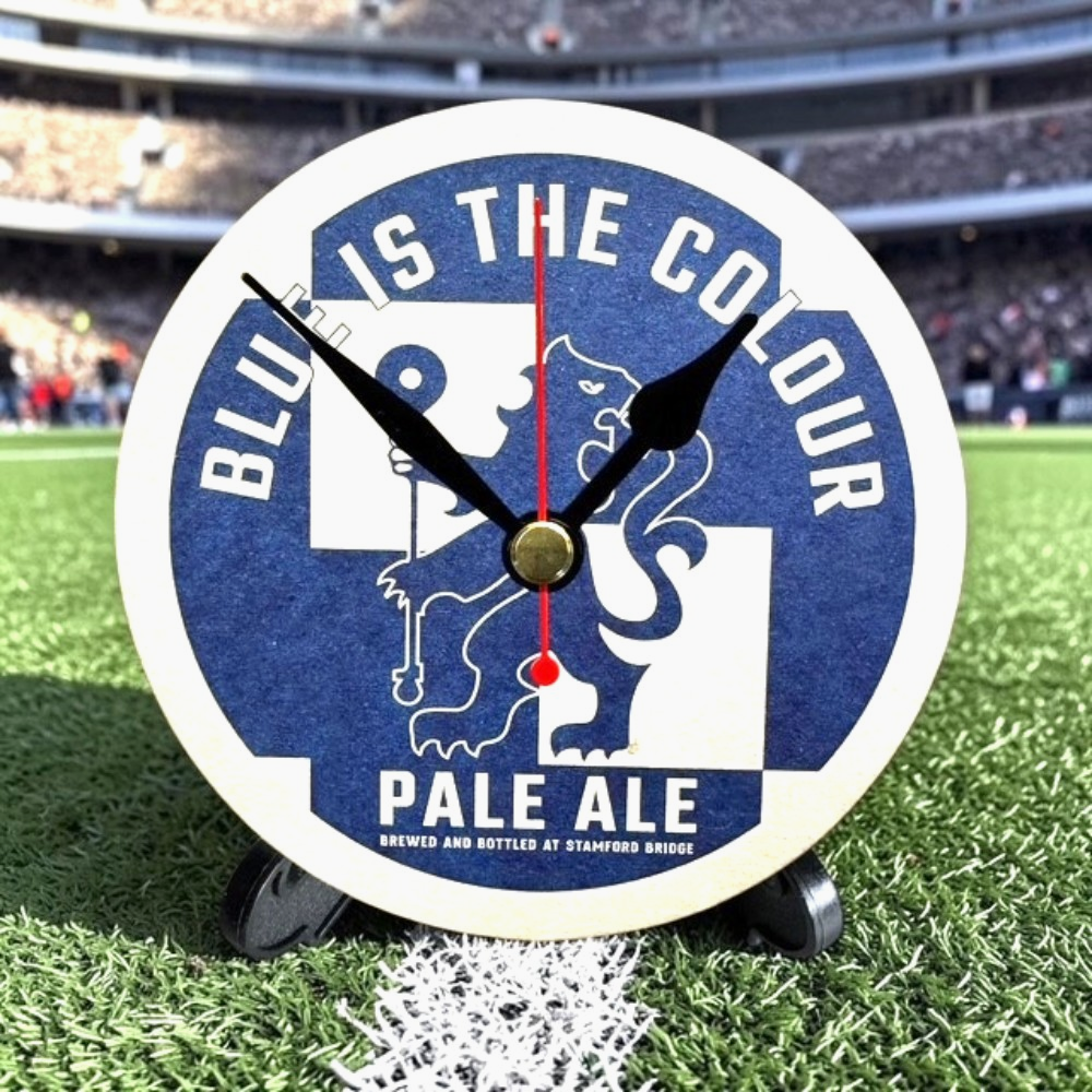 Chelsea Novelty Upcycled Beer Mat Clocks With Display Stand – Blue Is The Colour