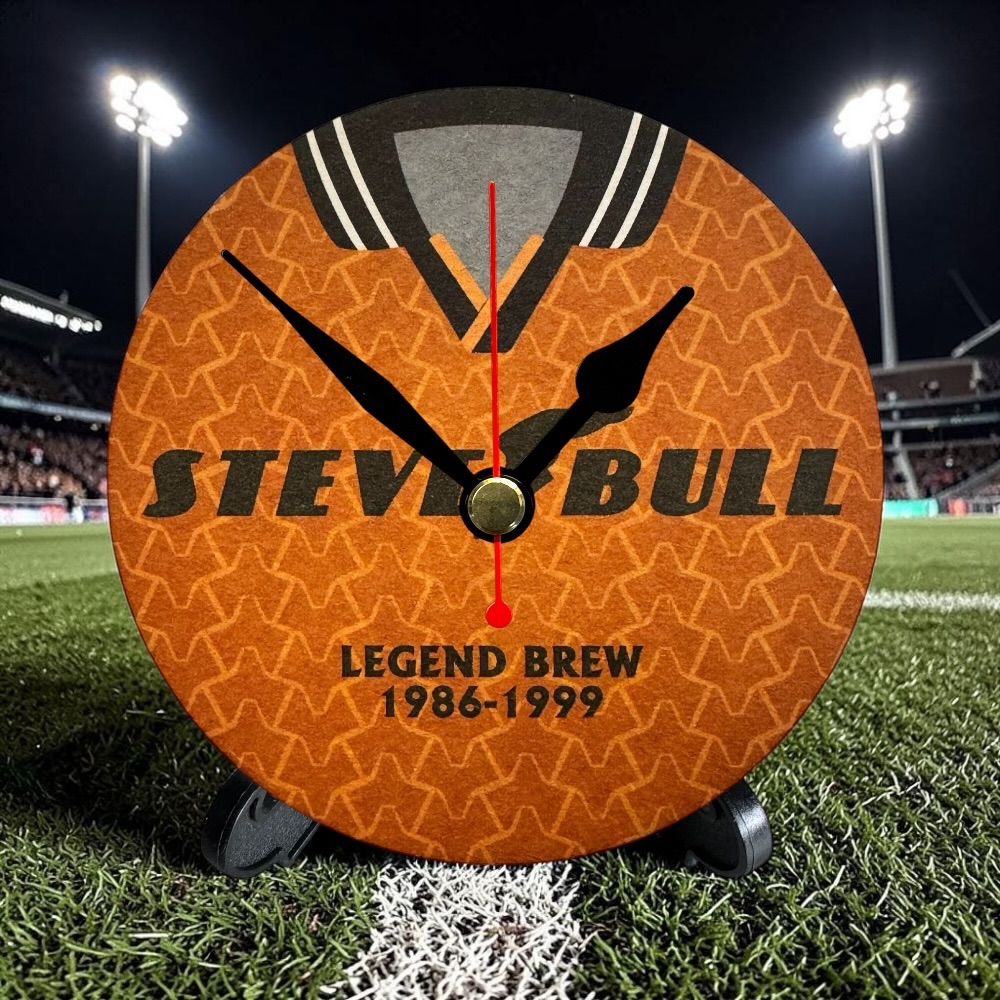 Wolves Novelty Upcycled Beer Mat Clocks With Display Stand – Steve Bull