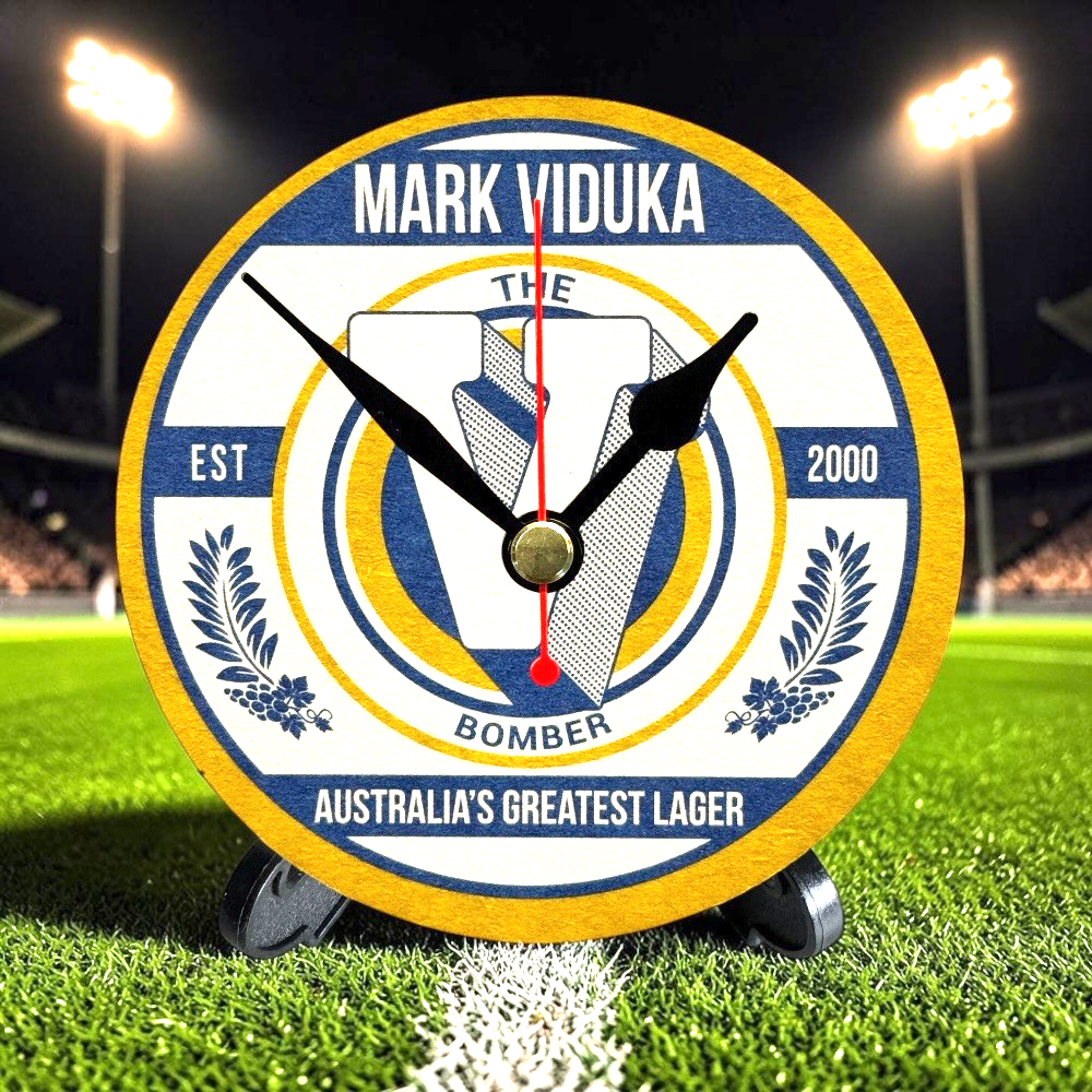Leeds Novelty Upcycled Beer Mat Clocks With Display Stand – Mark Viduka