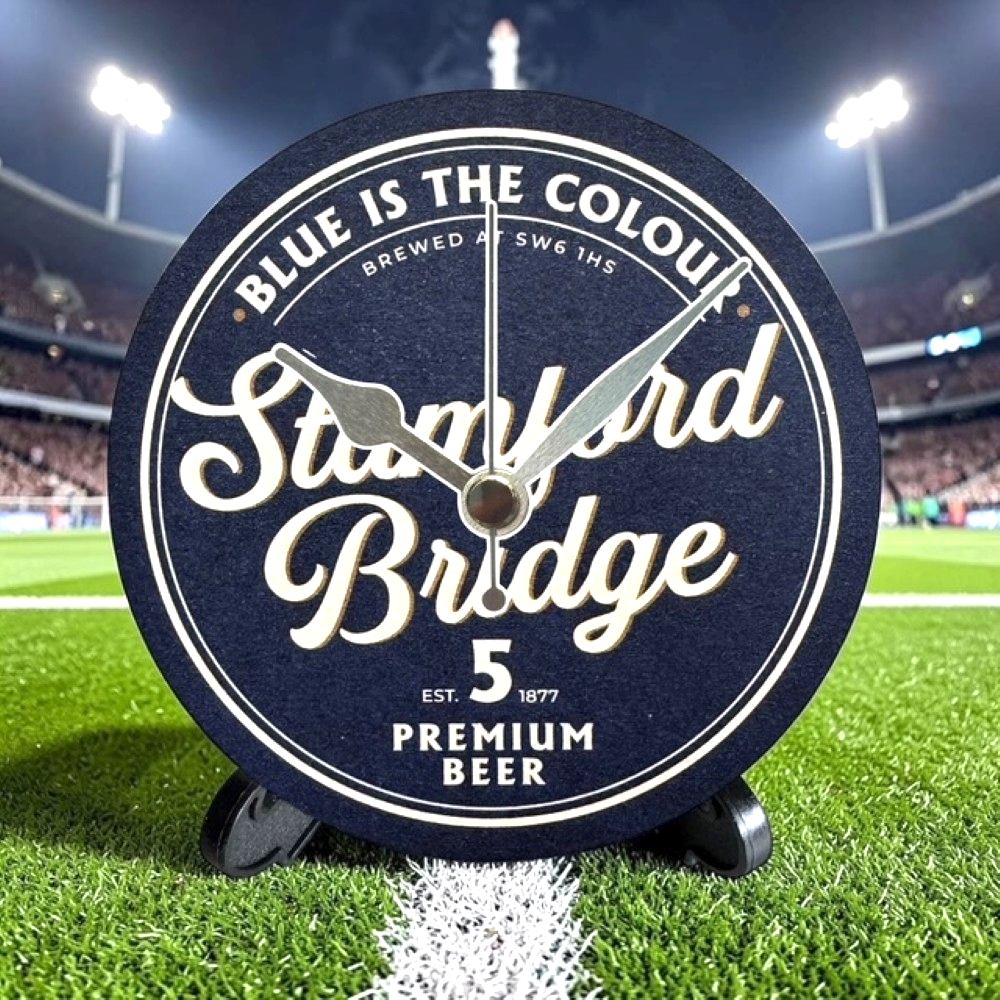 Chelsea Novelty Upcycled Beer Mat Clocks With Display Stand – Stamford Bridge