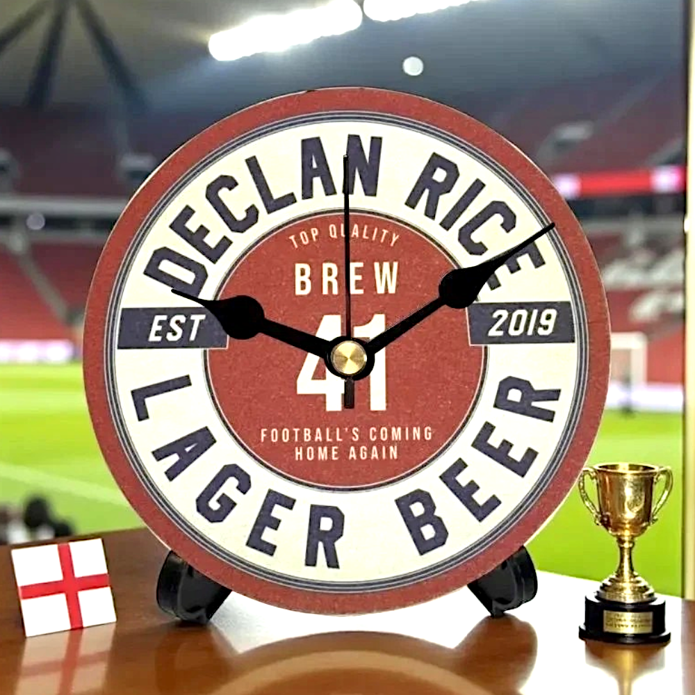 England Novelty Upcycled Beer Mat Clocks With Display Stand – Declan Rice