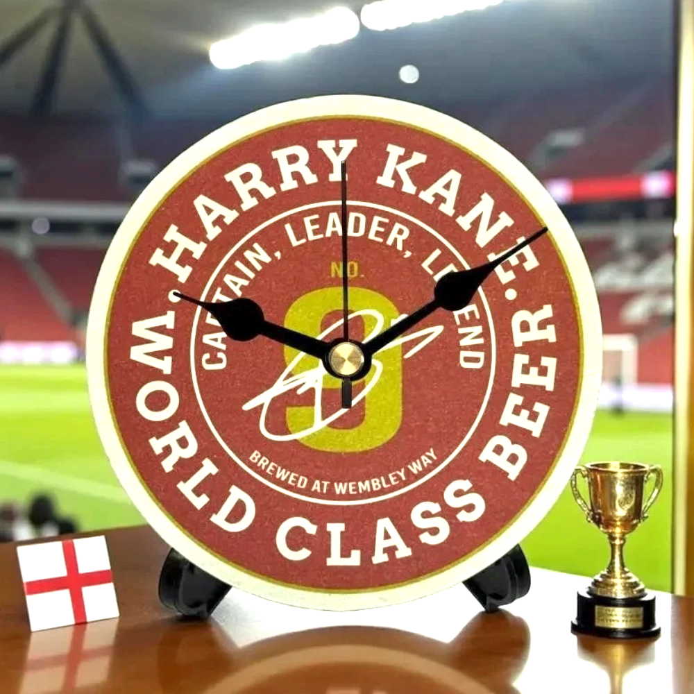 England Novelty Upcycled Beer Mat Clocks With Display Stand – Harry Kane