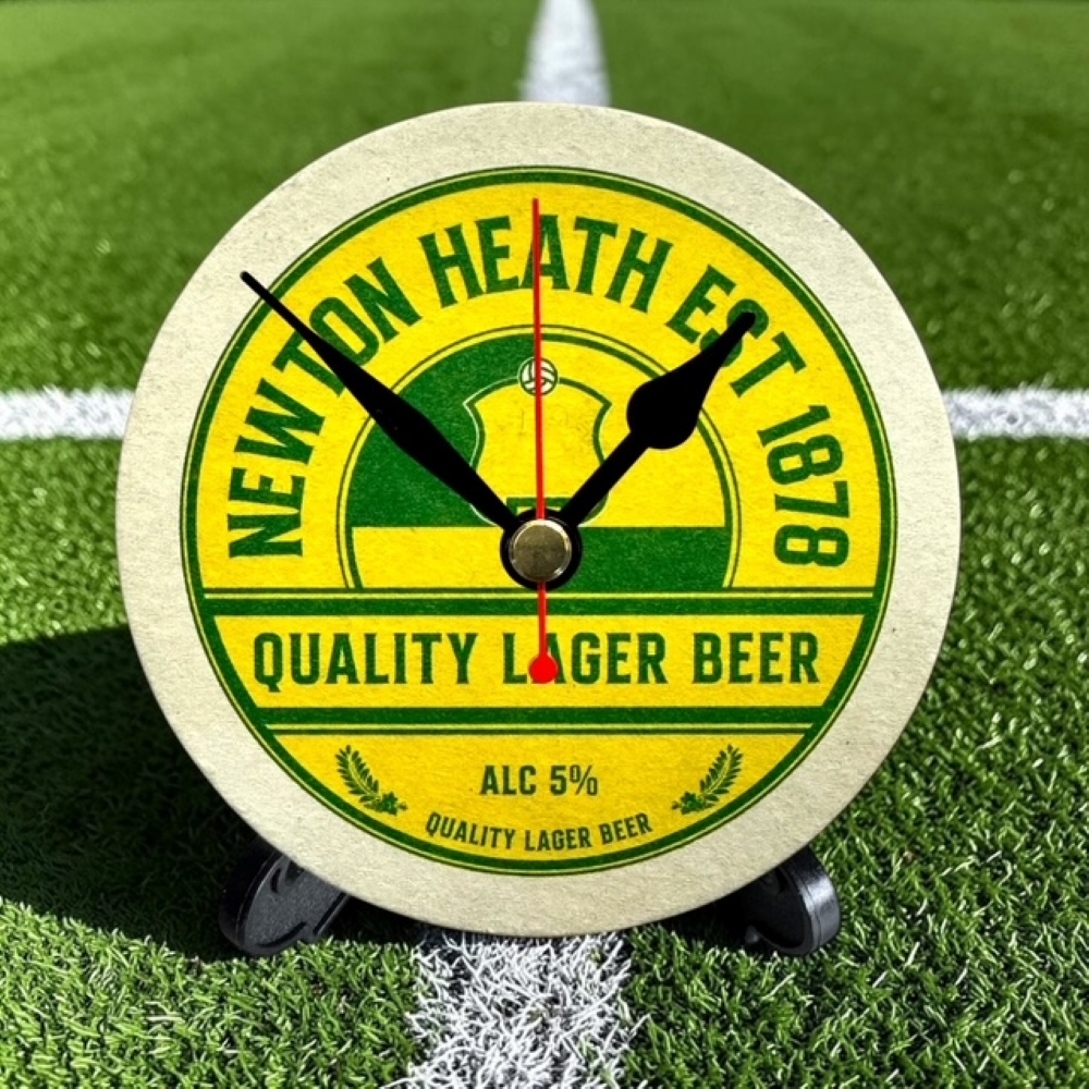 Manchester United Novelty Upcycled Beer Mat Clocks With Display Stand – Newton Heath