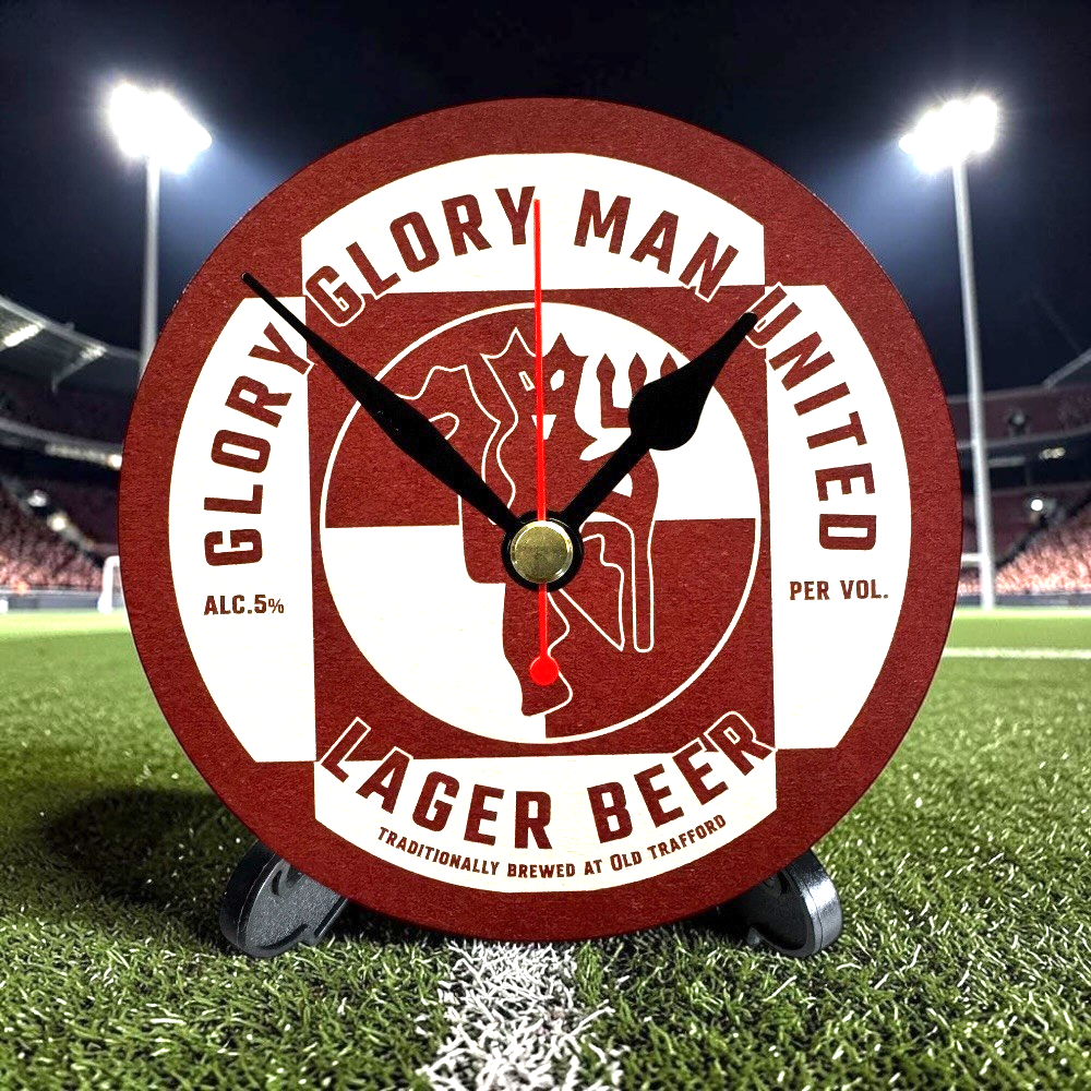 Manchester United Novelty Upcycled Beer Mat Clocks With Display Stand – Glory Glory Man United