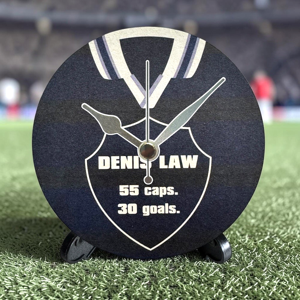 Scotland Novelty Upcycled Beer Mat Clocks With Display Stand – Dennis Law