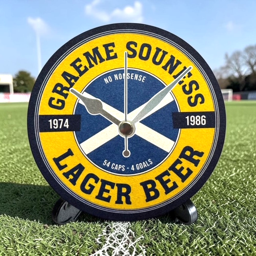 Scotland Novelty Upcycled Beer Mat Clocks With Display Stand – Graeme Souness