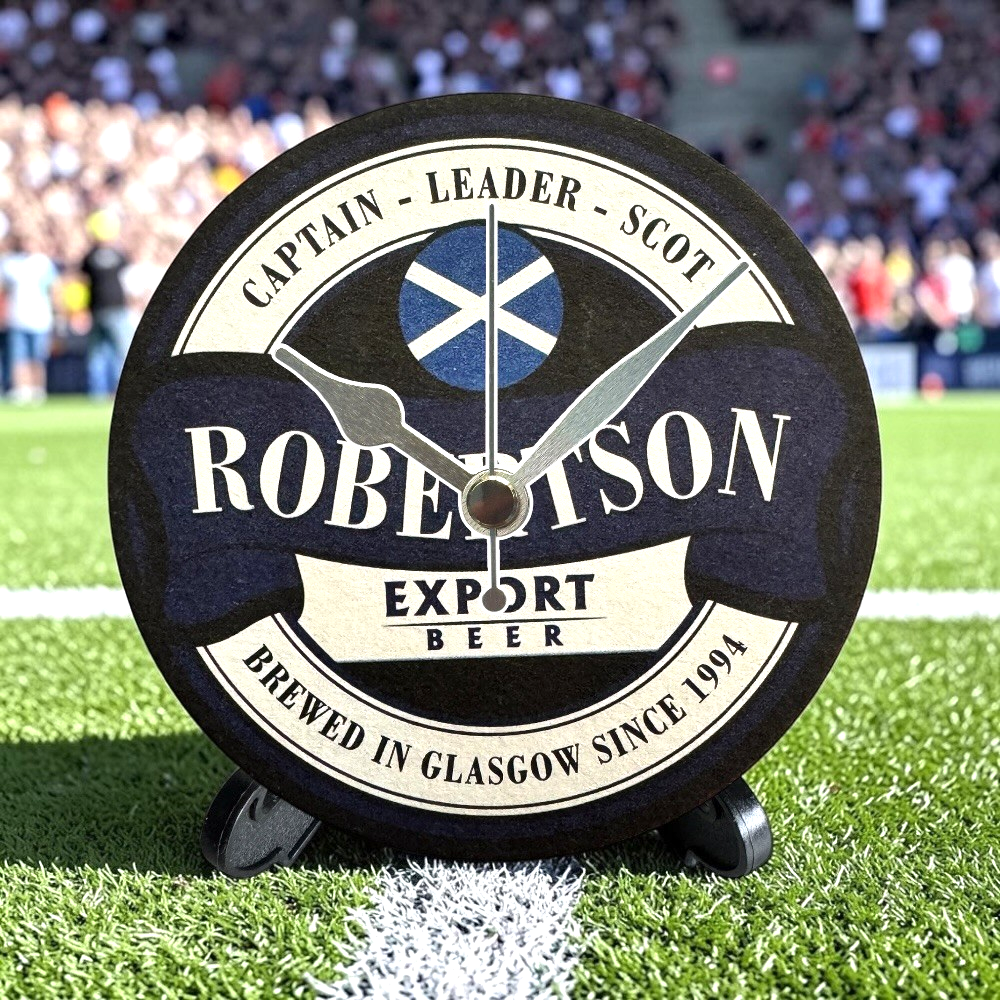 Scotland Novelty Upcycled Beer Mat Clocks With Display Stand – Robertson
