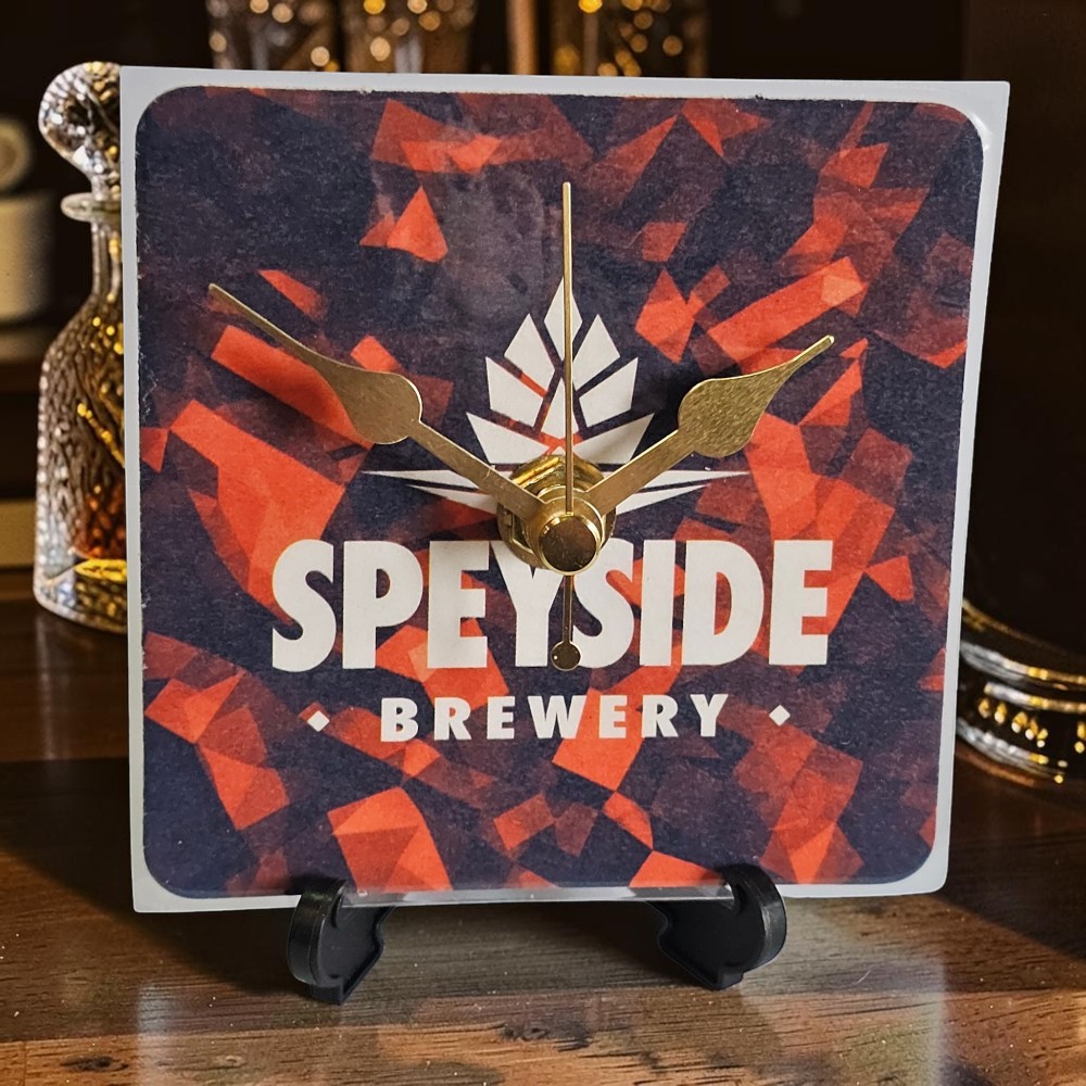 Upcycled Novelty Beer Mat Clock With Display Stand - Spayside Brewery lay Stand