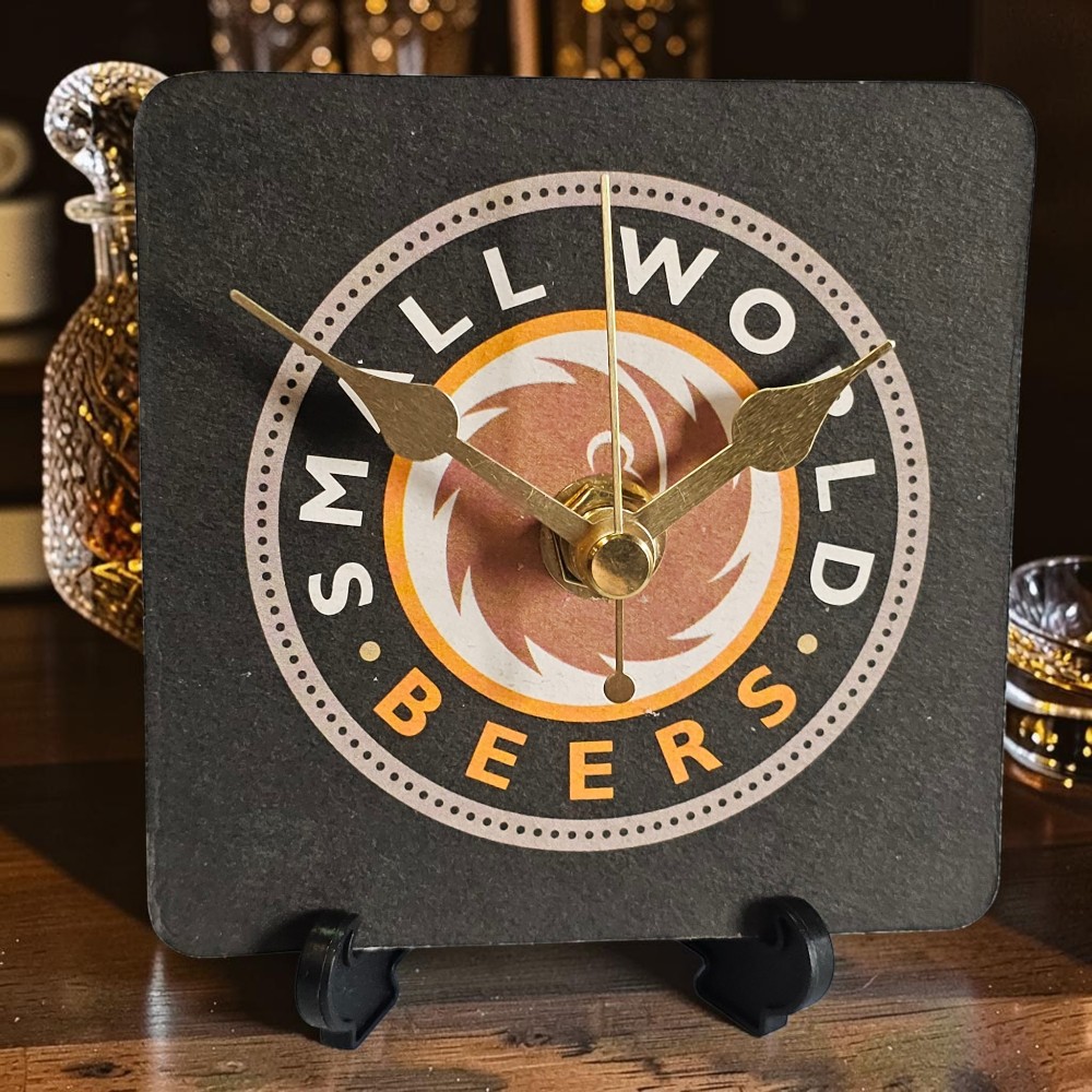Upcycled Novelty Beer Mat Clock With Display Stand - Small World Beers