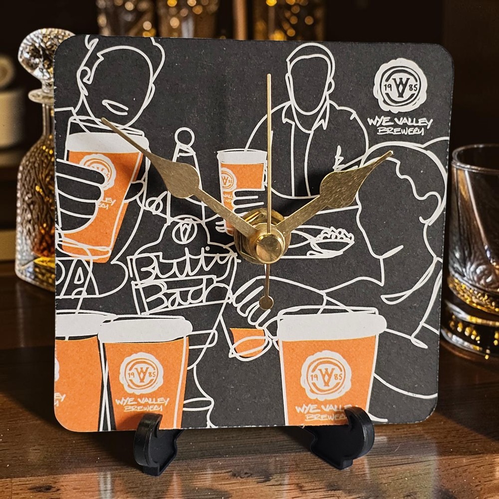 Upcycled Novelty Beer Mat Clock With Display Stand - Wye Valley Brewery - Butty Bach