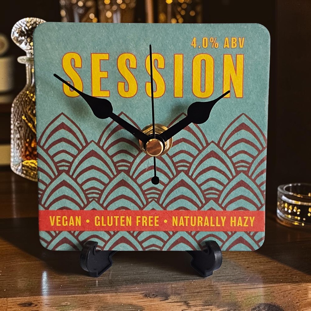 Upcycled Novelty Beer Mat Clock With Display Stand - Castle Rock Session