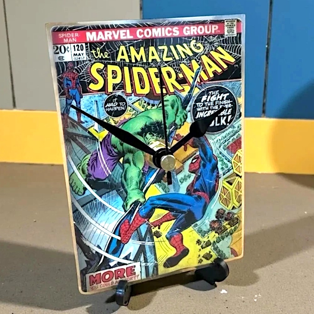 Handmade Mini Marvel Spider-Man Comic Clock with Desktop Stand & Battery #1