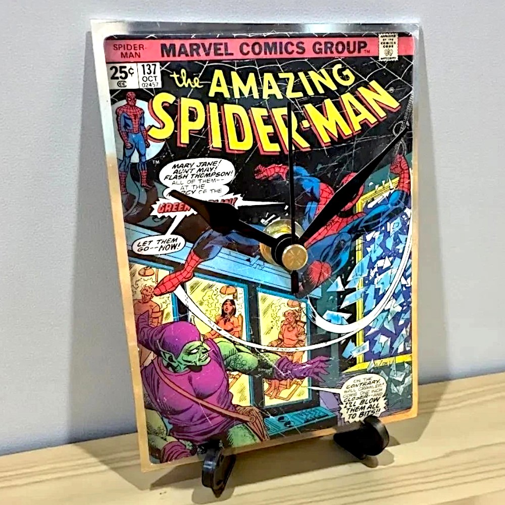 Handmade Mini Marvel Spider-Man Comic Clock with Desktop Stand & Battery #2