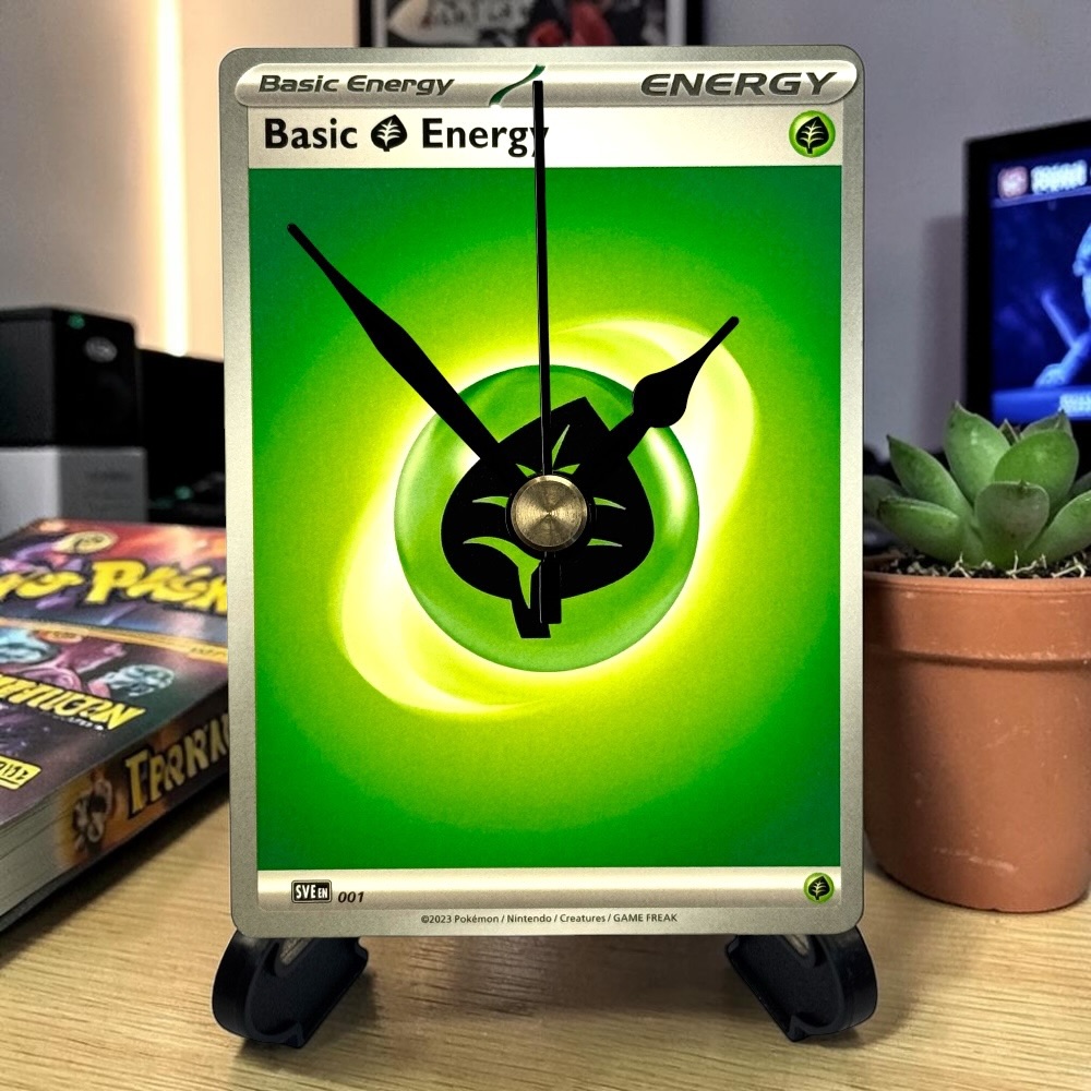 Basic Energy Green Pokemon Card Clock with Desktop Display Stand & Battery