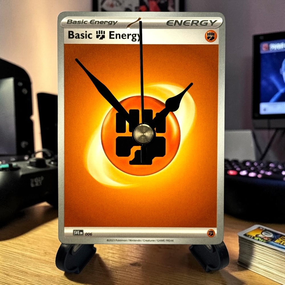 Basic Energy Orange Pokemon Card Clock with Desktop Display Stand & Battery