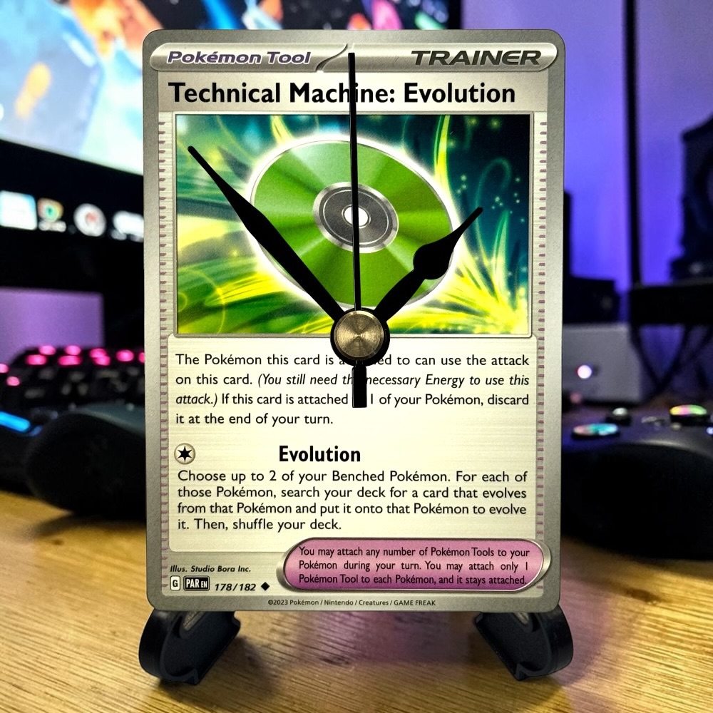 Technical Machine : Evolution Pokemon Card Clock with Desktop Display Stand & Battery