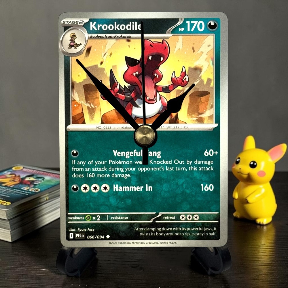 Krookodile Pokemon Card Clock with Desktop Display Stand & Battery