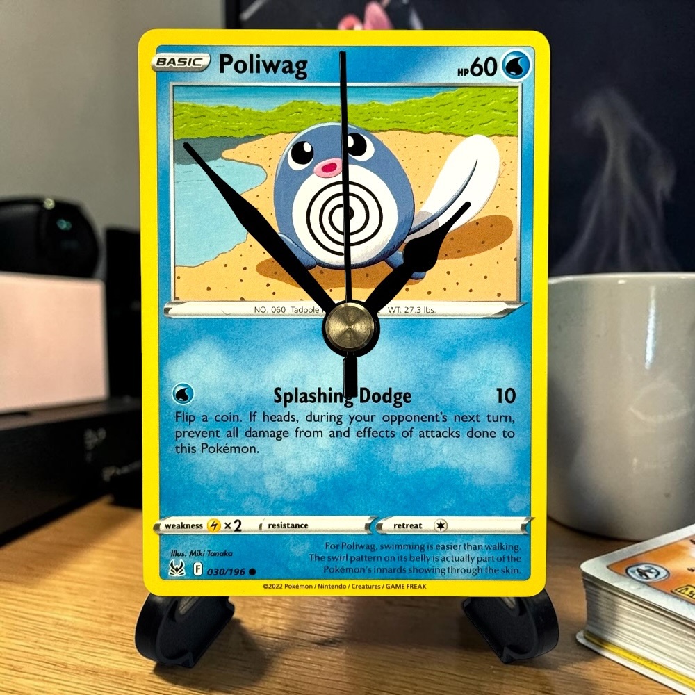 Poliwag Pokemon Card Clock with Desktop Display Stand & Battery