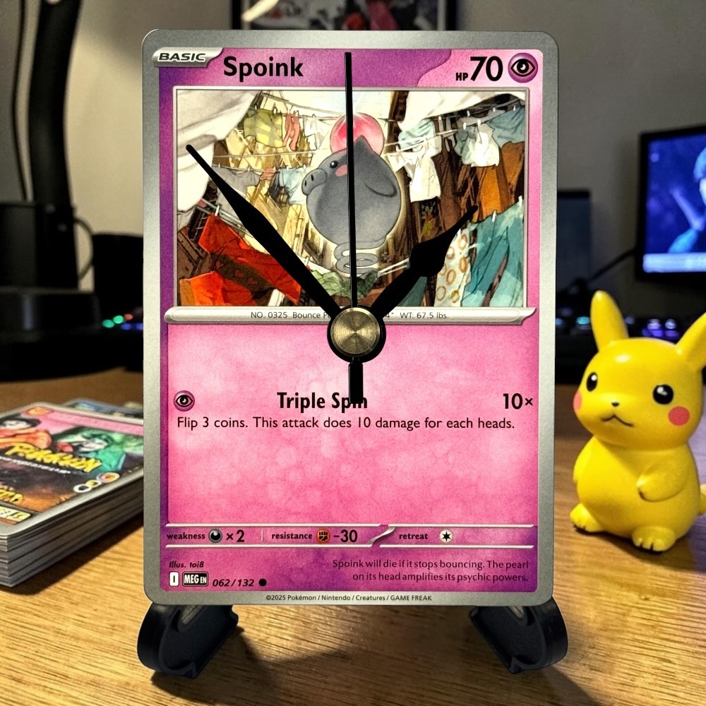 Spoink Pokemon Card Clock with Desktop Display Stand & Battery