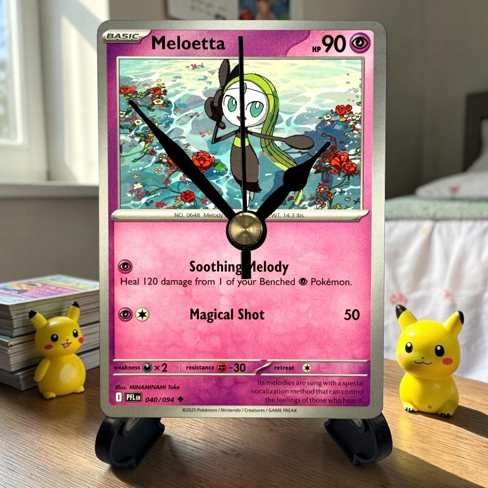 Meloetta Pokemon Card Clock with Desktop Display Stand & Battery