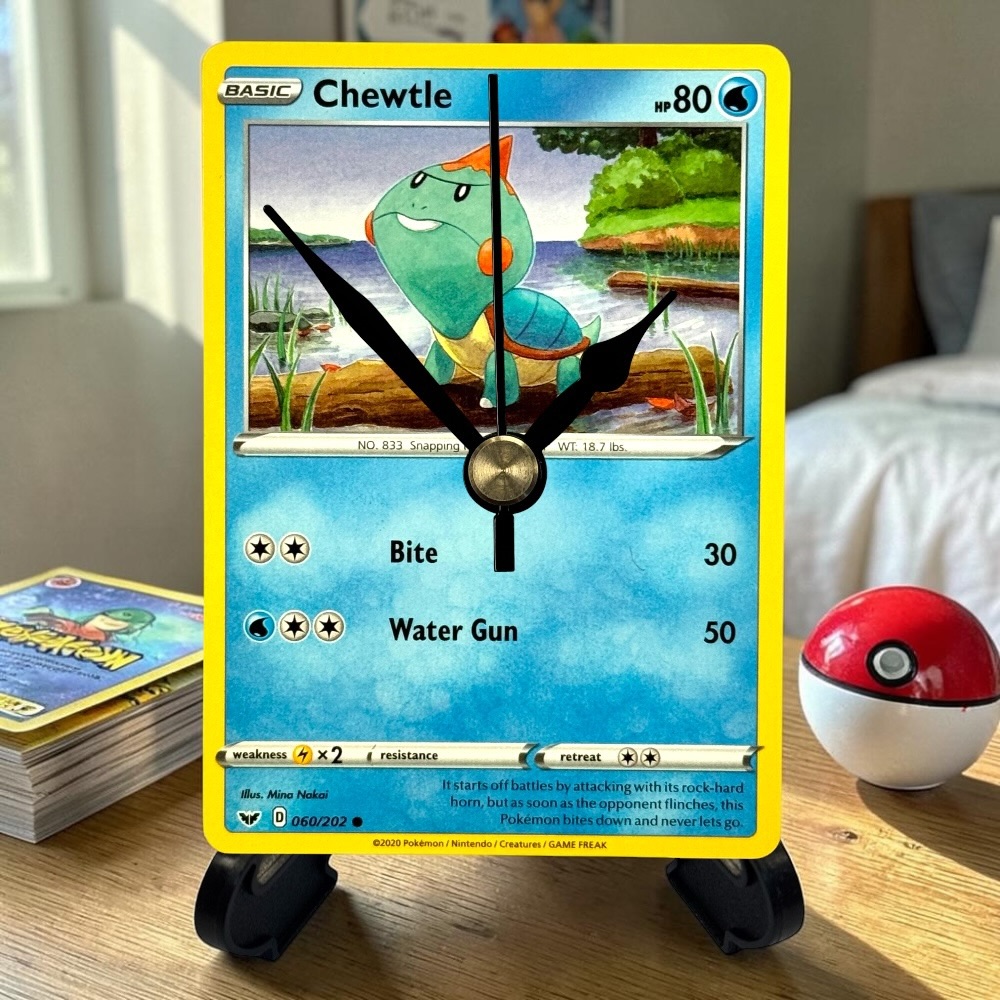 Chewtle Pokemon Card Clock with Desktop Display Stand & Battery