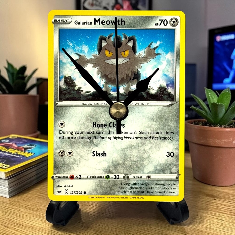 Meowth Pokemon Card Clock with Desktop Display Stand & Battery
