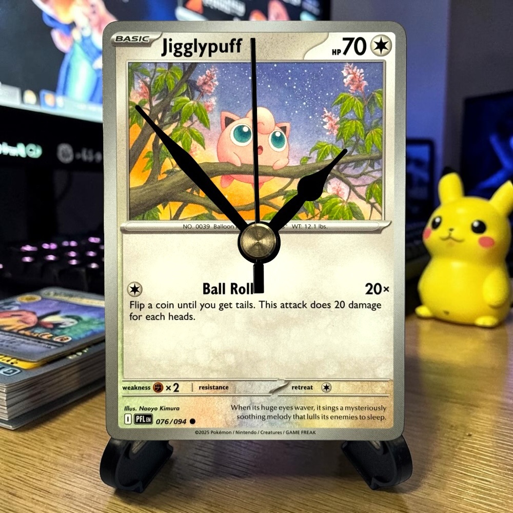 Jigglypuff Pokemon Card Clock with Desktop Display Stand & Battery
