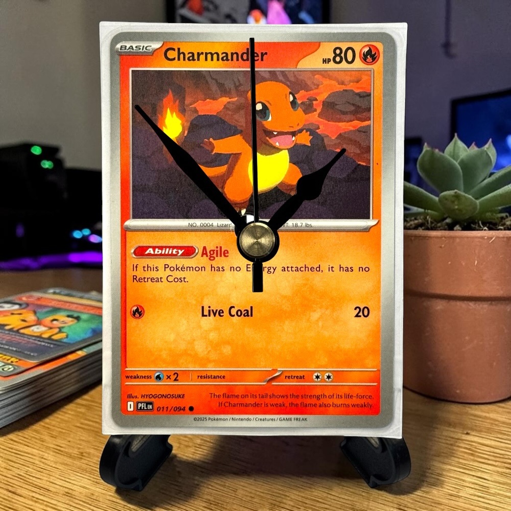 Charmander Pokemon Card Clock with Desktop Display Stand & Battery