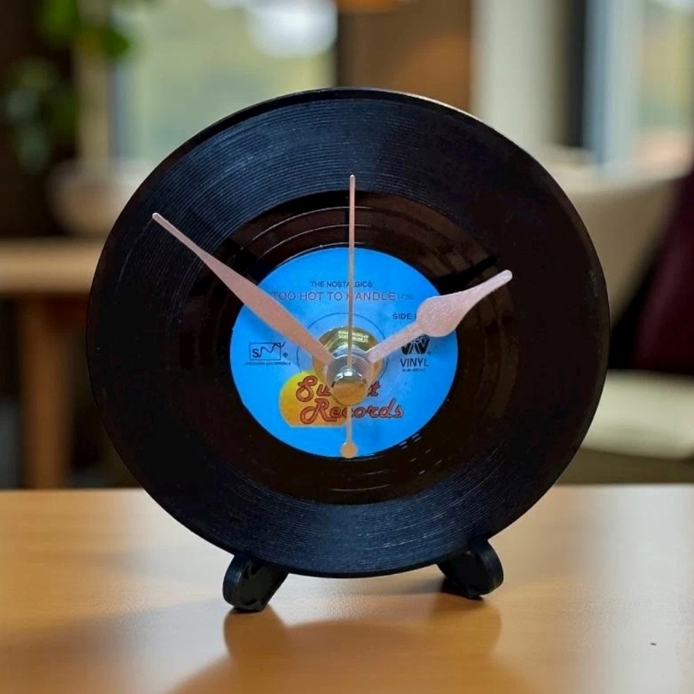 Novelty Mini Vinyl Record Clock With Display Stand - Perfect Music Gift for Him or Her - Design 1