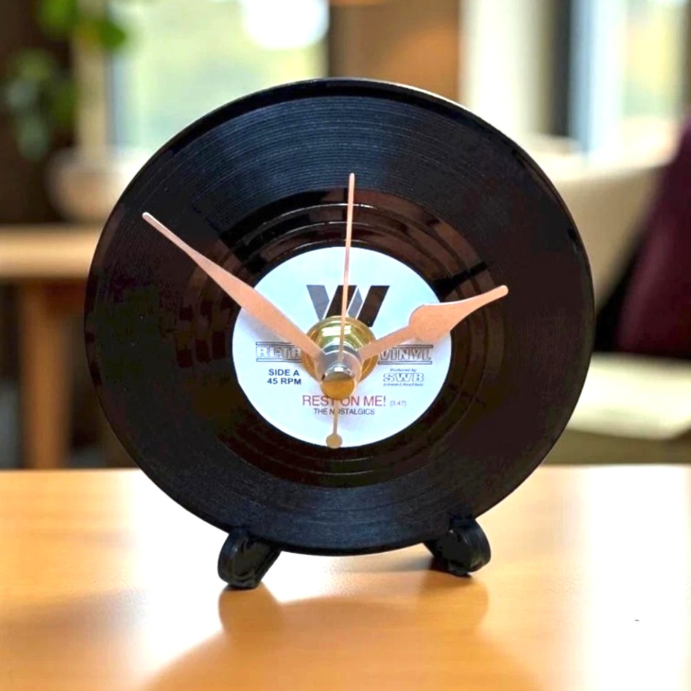Novelty Mini Vinyl Record Clock With Display Stand - Perfect Music Gift for Him or Her - Design 3