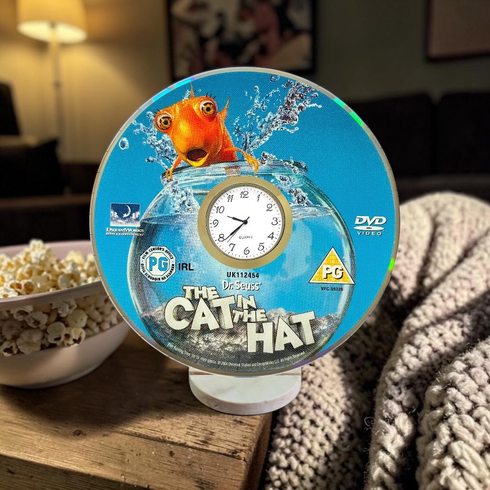 Novelty Desktop Uncycled DVD Clock With Fixed Gold Insert - The Cat In The Hat