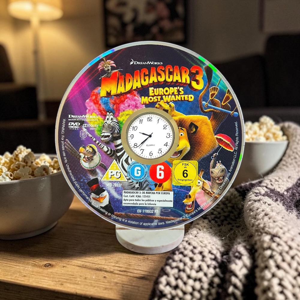 Novelty Desktop Uncycled DVD Clock With Fixed Gold Insert - Madagascar 3