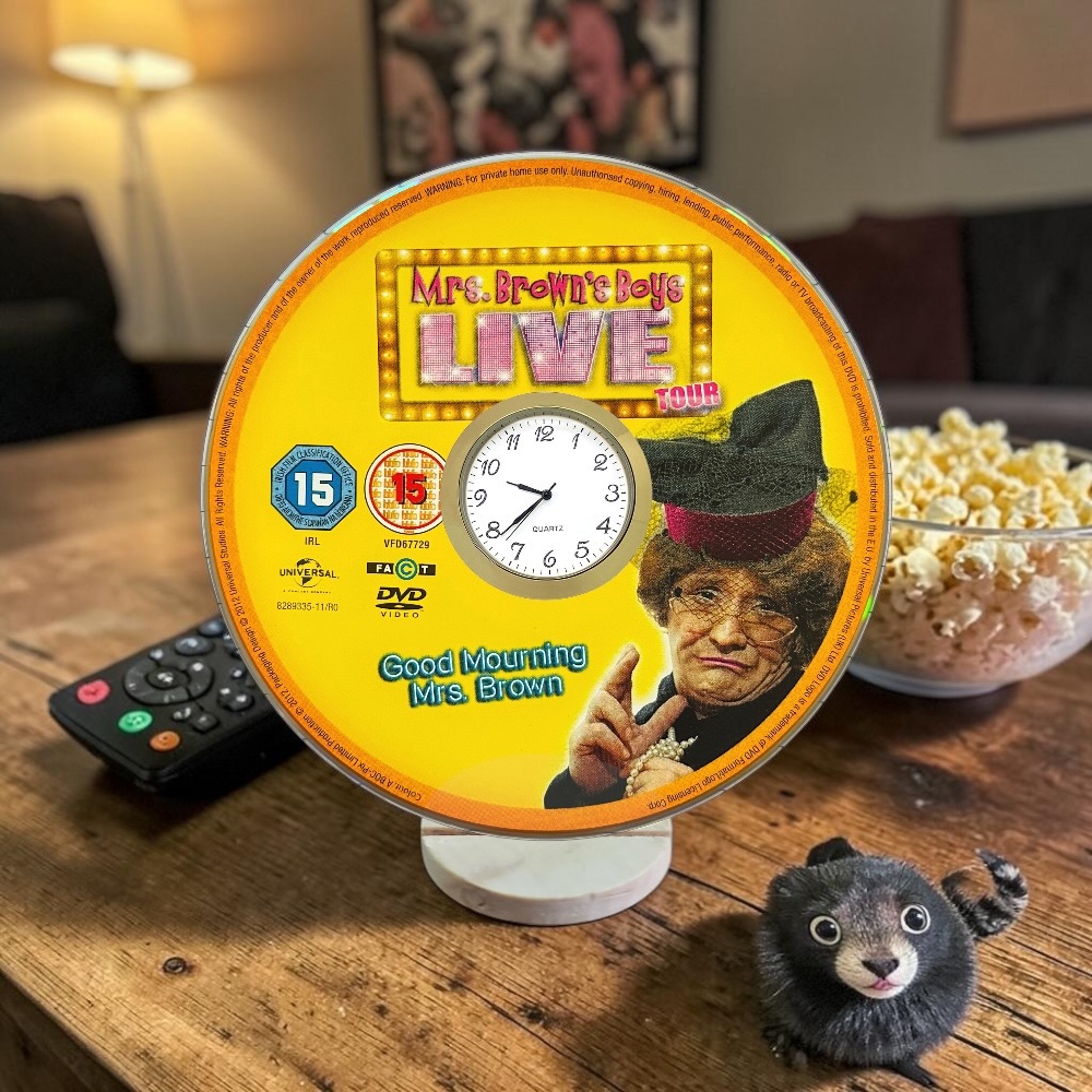Mrs Brown's Boys Live Novelty Upcycled DVD Desktop Clock With Fixed Gold Insert - Design 1